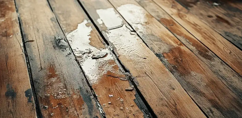 The water damaged floor needs hardwood floor repair.